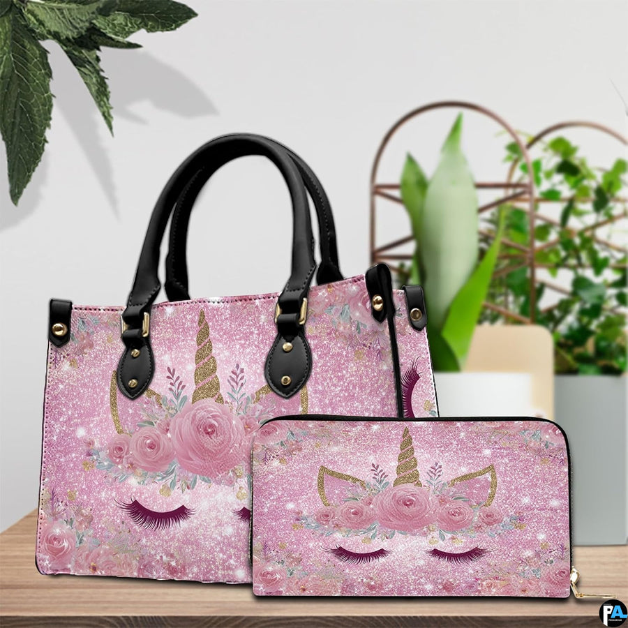 Side profile view showing structured shape and carrying handles of the unicorn handbag.