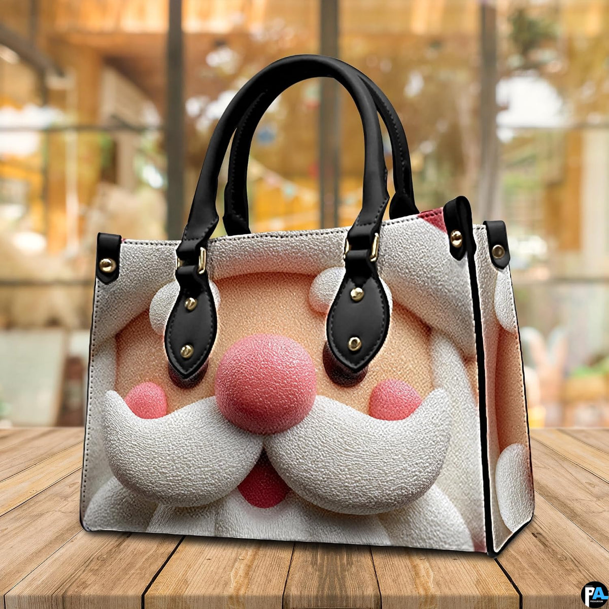 Perspective view of 3D clay Santa Claus face holiday handbag on display atop a wooden table