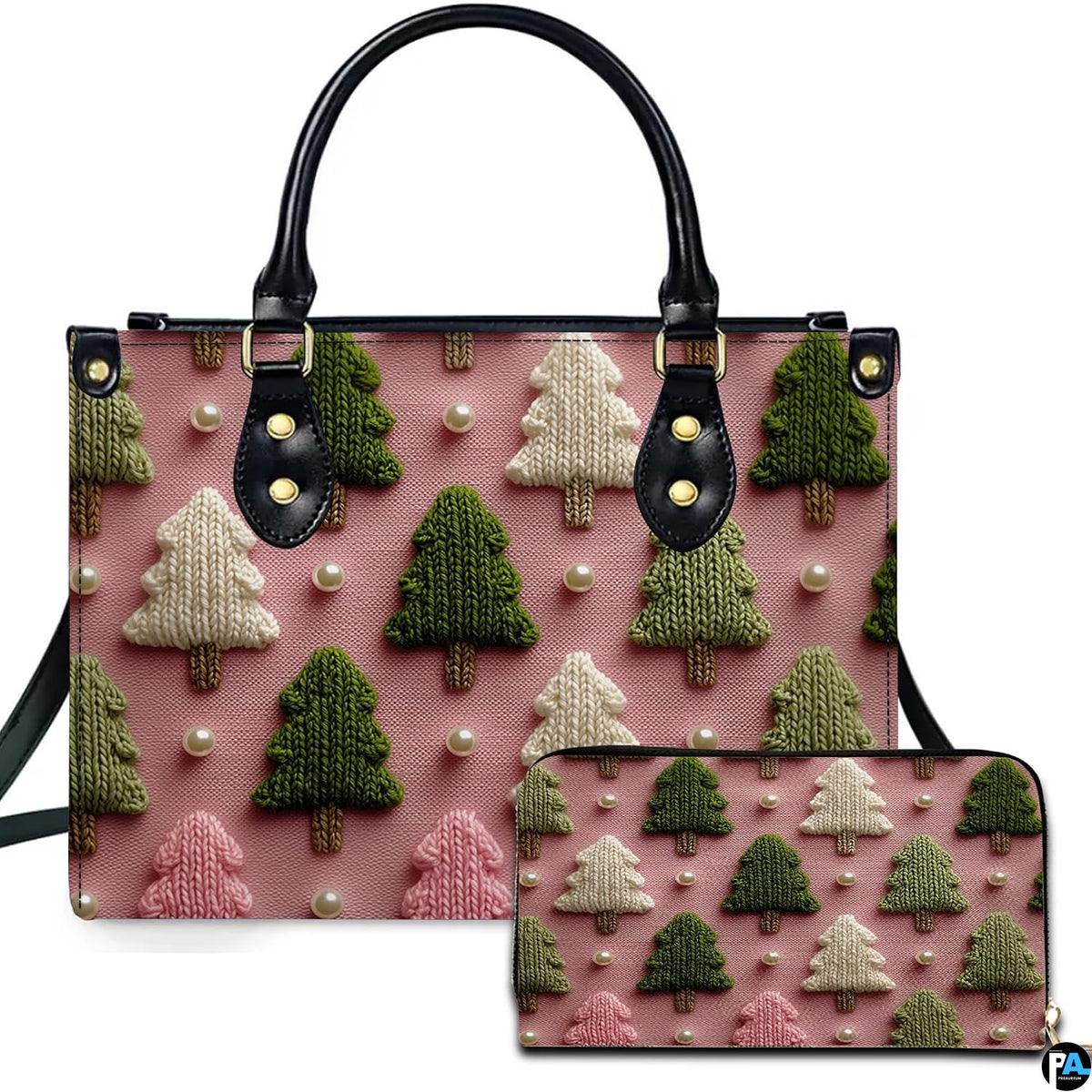 Front studio presentation showcasing evergreen pine tree relief motifs and pearl beads on dusty pink.