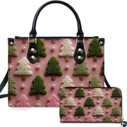 Front studio presentation showcasing evergreen pine tree relief motifs and pearl beads on dusty pink.