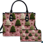 Front studio presentation showcasing evergreen pine tree relief motifs and pearl beads on dusty pink.