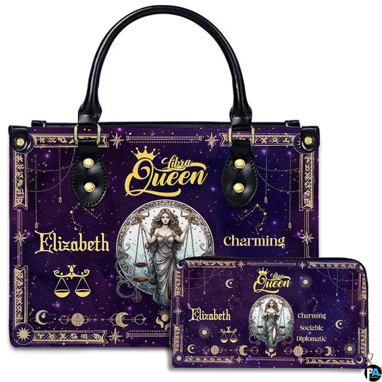 Studio showcase of Celestial Scales Satchel Handbag displayed alongside matching companion continental wallet.