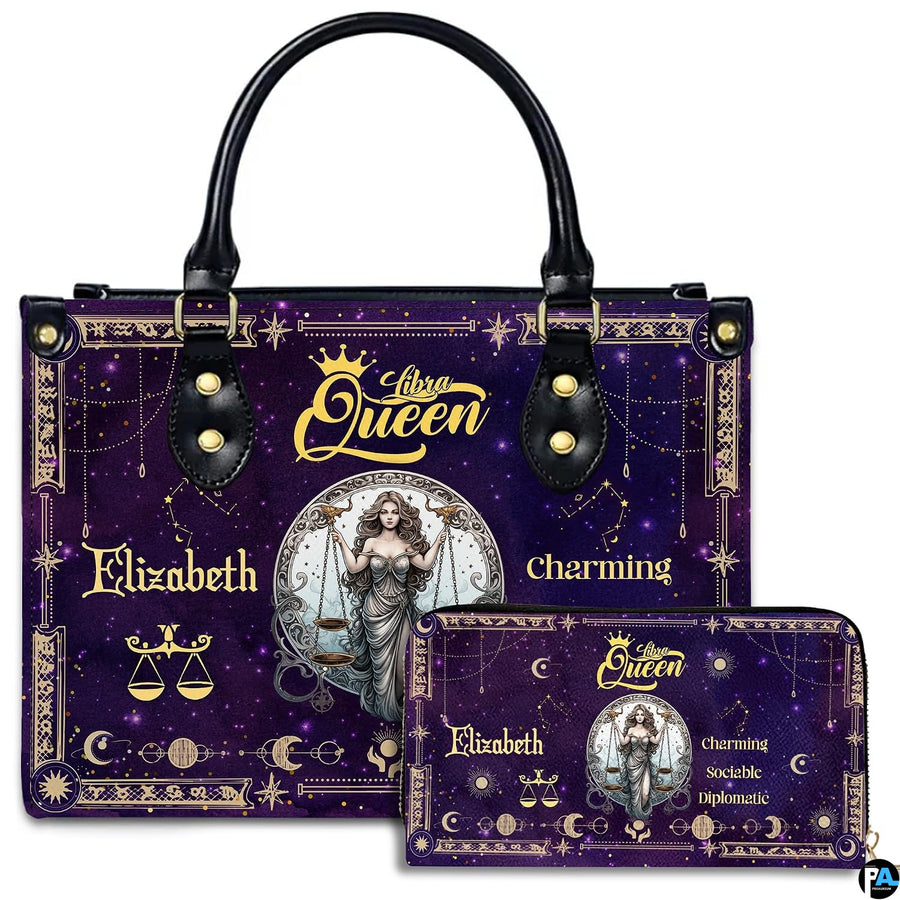 Studio showcase of Celestial Scales Satchel Handbag displayed alongside matching companion continental wallet.