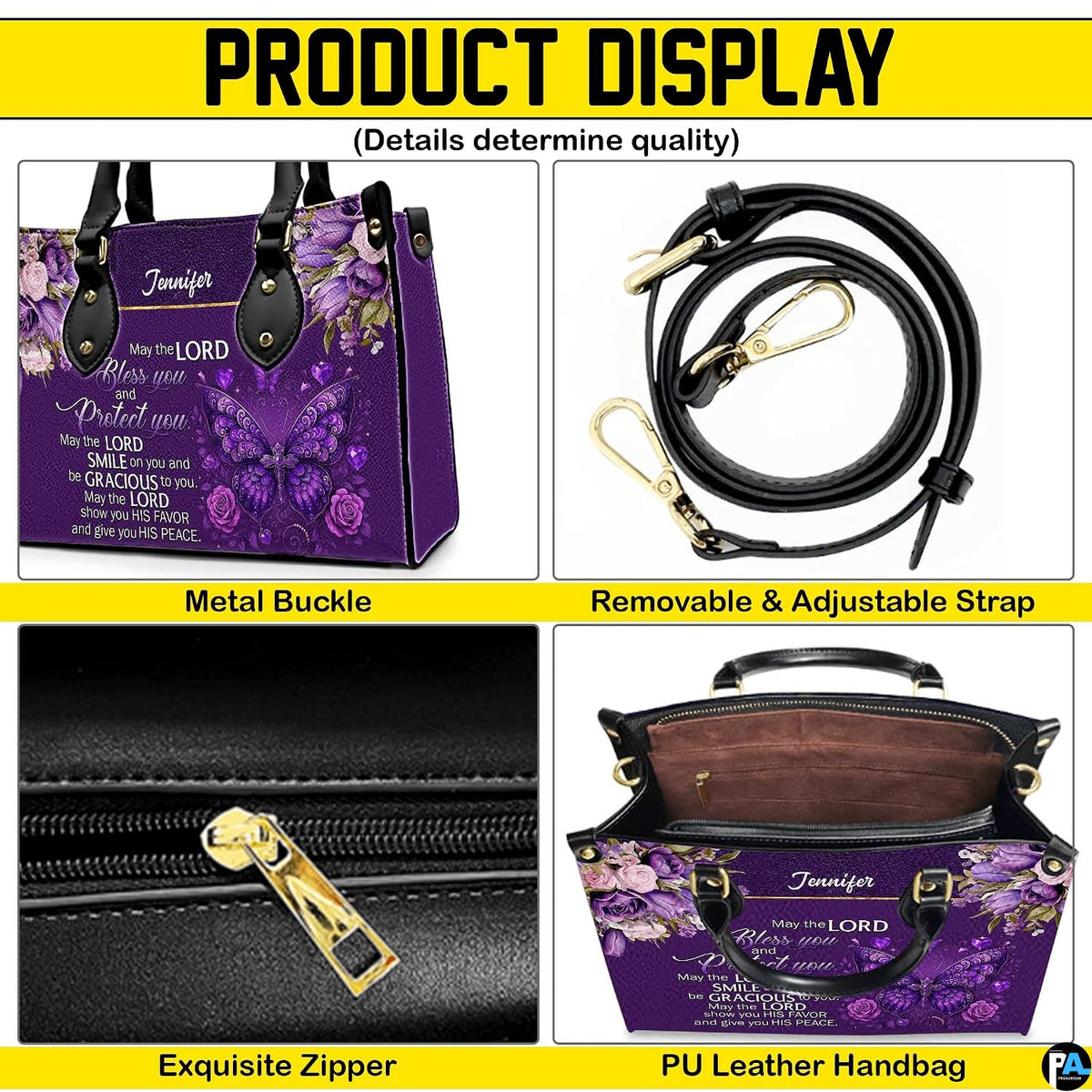 Four-panel showcase illustrating design details, hardware, and interior layout.