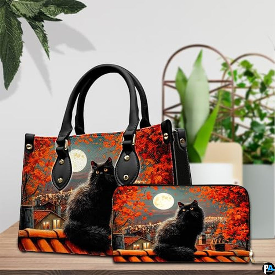 Black Cat Leather Bag – Vintage Cat Art Handbag, Stylish Animal-Themed Purse, Unique Gift for Cat Lovers