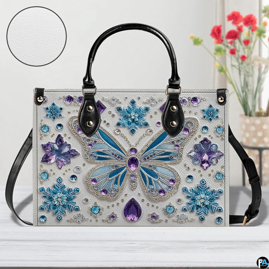 Open interior view of matching butterfly wallet displaying card slots and zipper pocket.