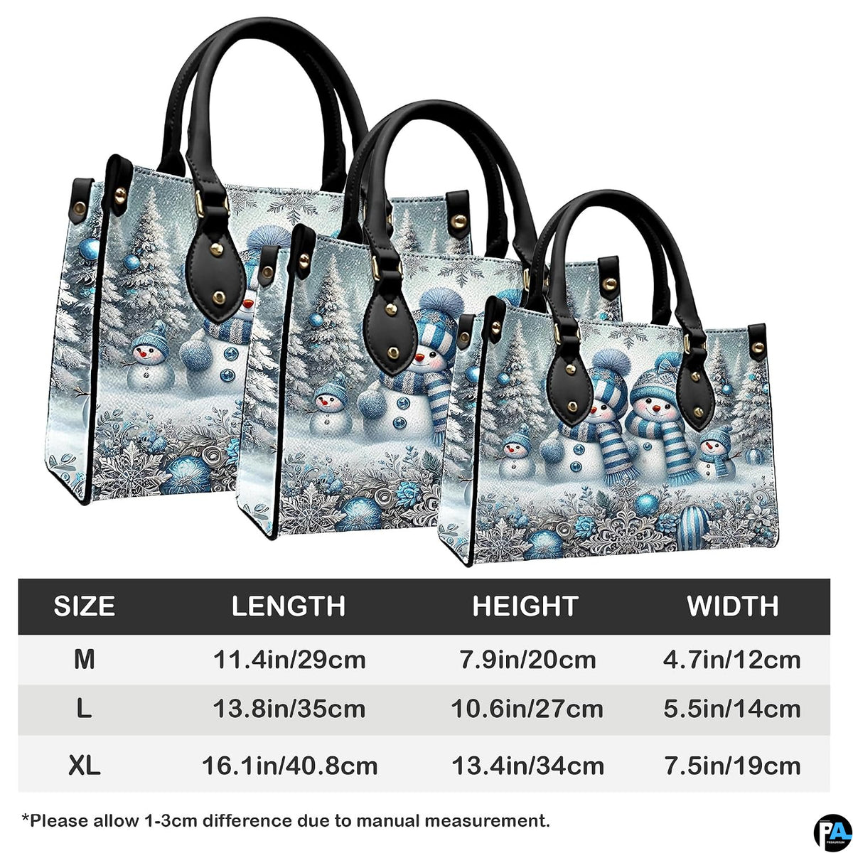 Back view displaying repeating blue snowman family illustrations and crystalline snowflake graphics.