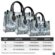 Back view displaying repeating blue snowman family illustrations and crystalline snowflake graphics.