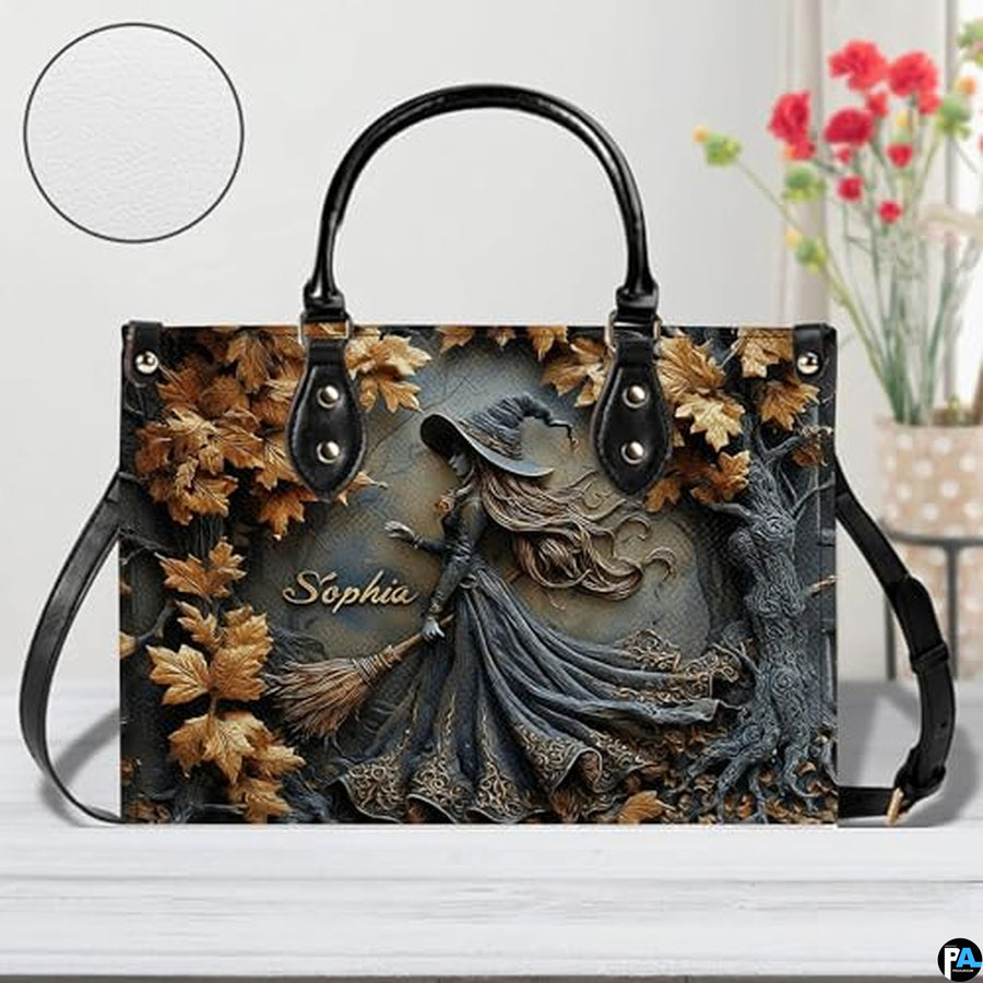 Personalized Halloween Leather Handbag – Custom Witch 3D Printing Effect Purses For Women – Spooky Gothic Shoulder Bag