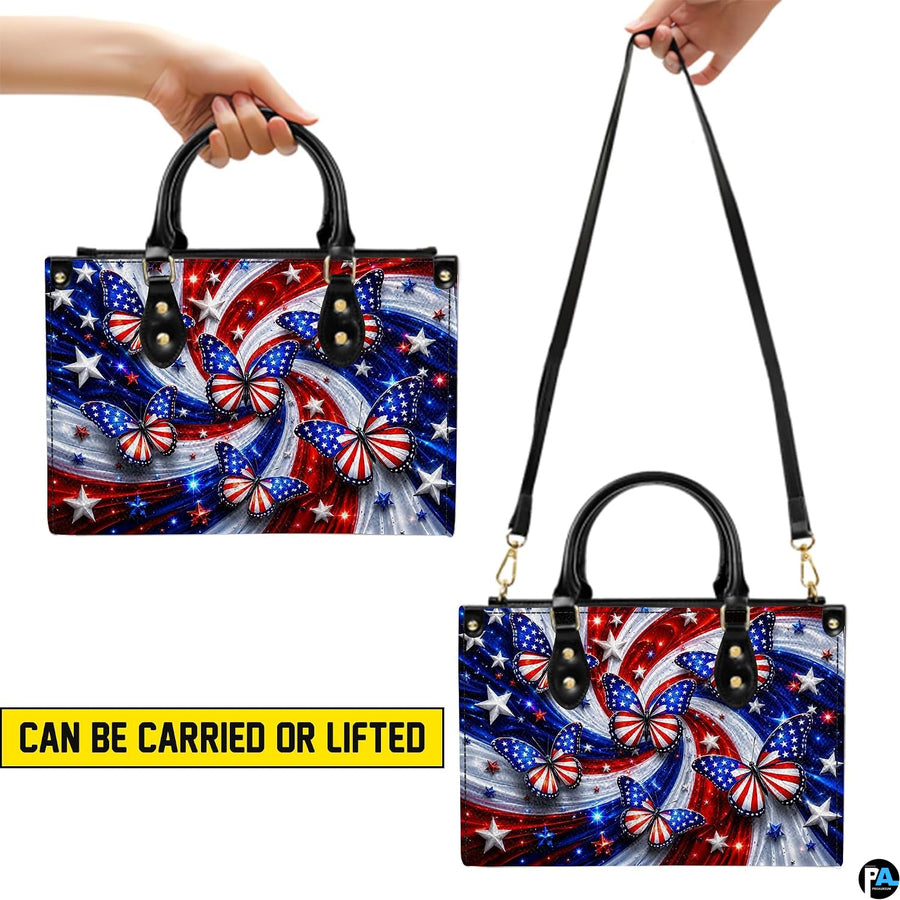 Three-quarter angle view of patriotic flag butterfly handbag set