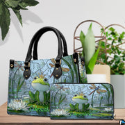 Side profile view showing structured silhouette and black carrying handles of the handbag.