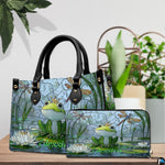 Side profile view showing structured silhouette and black carrying handles of the handbag.