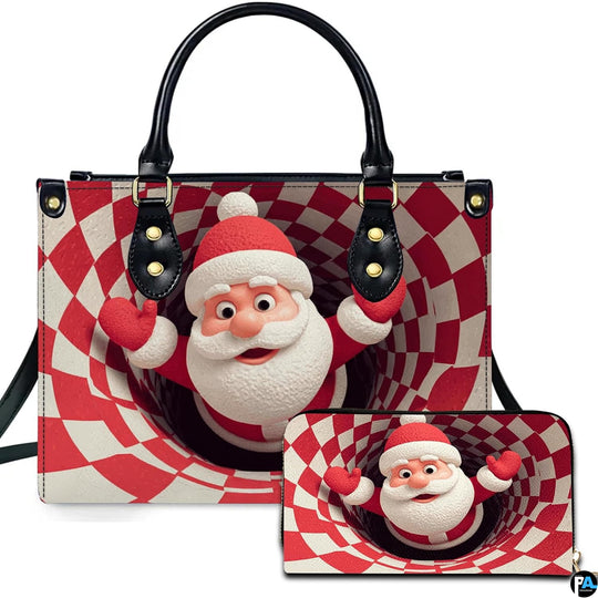 Red and white checkerboard optical illusion holiday handbag with matching wallet featuring popping Santa Claus