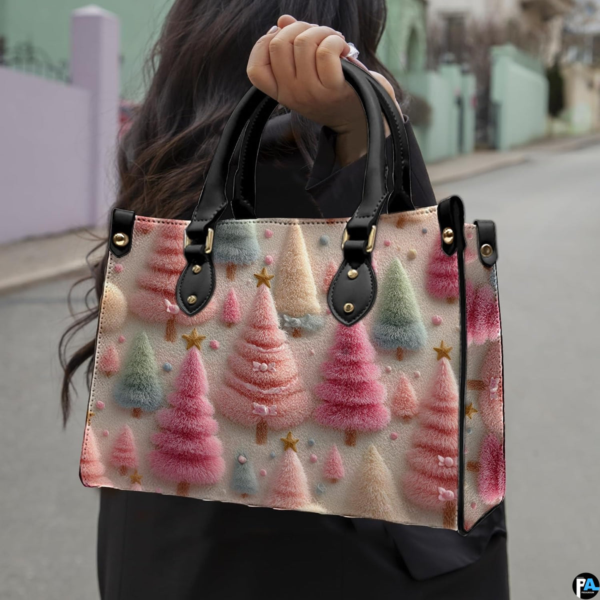 Outdoor street presentation of pastel holiday tree pattern artwork carried by hand