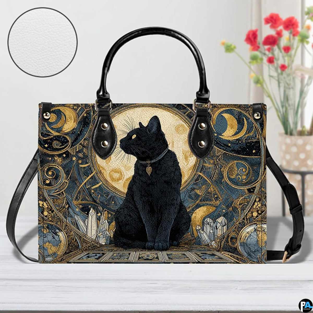 Close-up perspective detailing the golden filigree framing the celestial black cat.