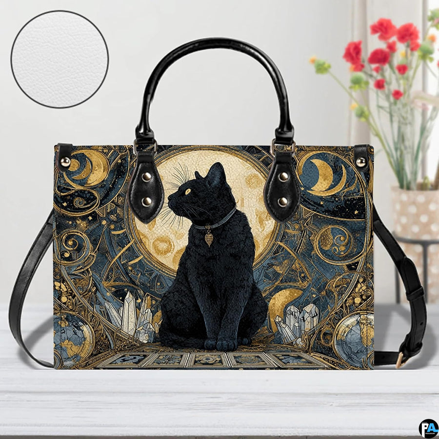Close-up perspective detailing the golden filigree framing the celestial black cat.