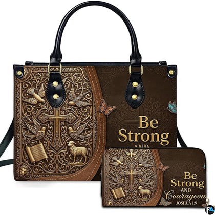 Brown Christian cross handbag with birds, lamb, scroll, and butterflies