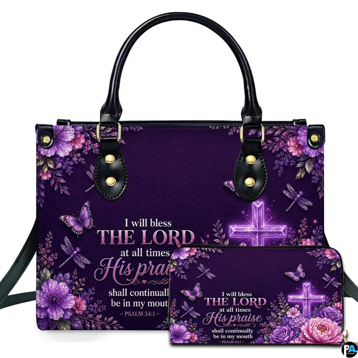 Front view of radiant purple cross handbag and matching wallet with glowing cross, florals, and butterflies.