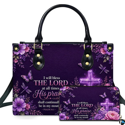 Front view of radiant purple cross handbag and matching wallet with glowing cross, florals, and butterflies.