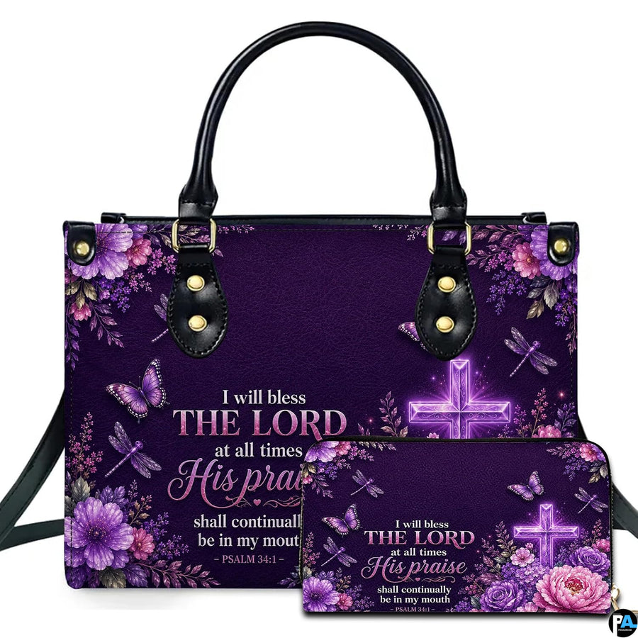 Front view of radiant purple cross handbag and matching wallet with glowing cross, florals, and butterflies.