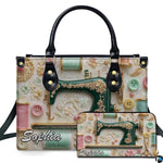 Studio presentation of antique sewing machine art beside matching rectangular companion accessory.