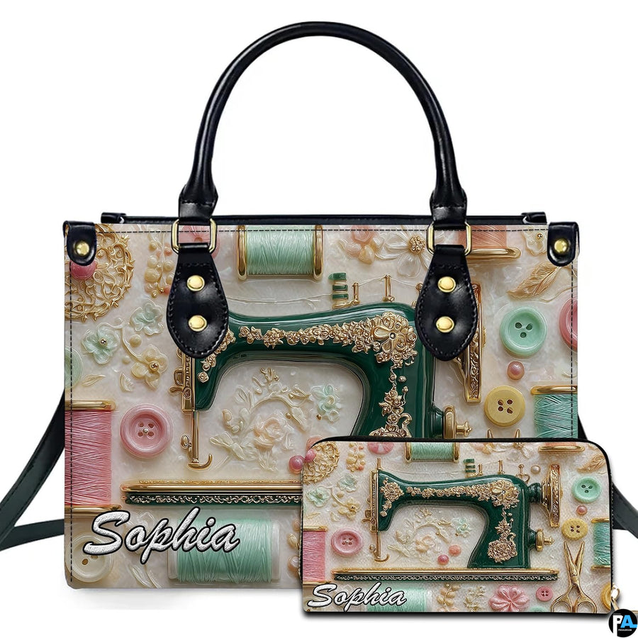 Studio presentation of antique sewing machine art beside matching rectangular companion accessory.