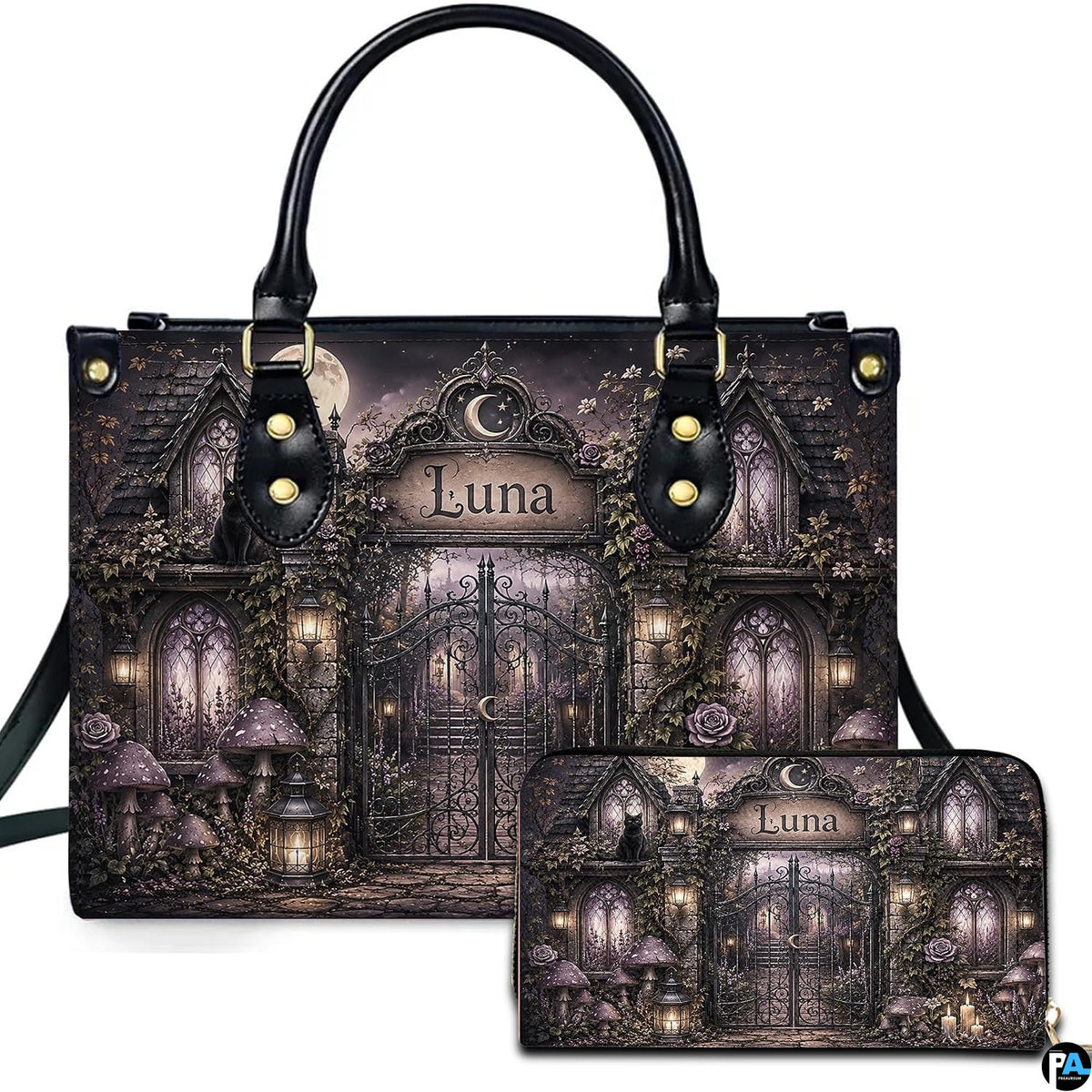 Gothic gate art showing an ornate filigree entryway and stone pavilions presented on an accessory pairing.
