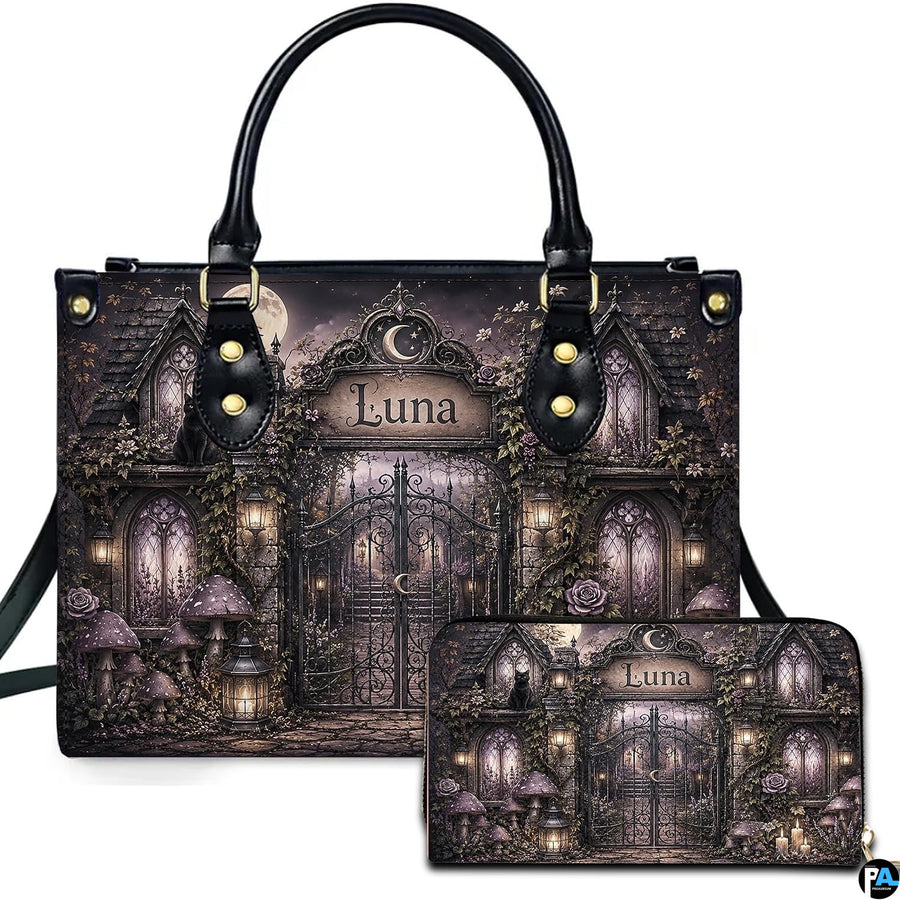 Gothic gate art showing an ornate filigree entryway and stone pavilions presented on an accessory pairing.