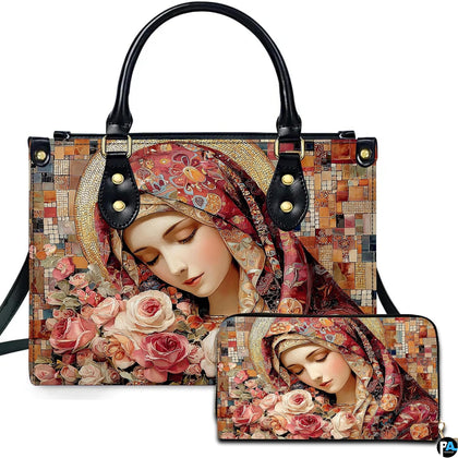 Mosaic Virgin Mary devotional print accessory set adorned with blush roses and golden mosaic halo.