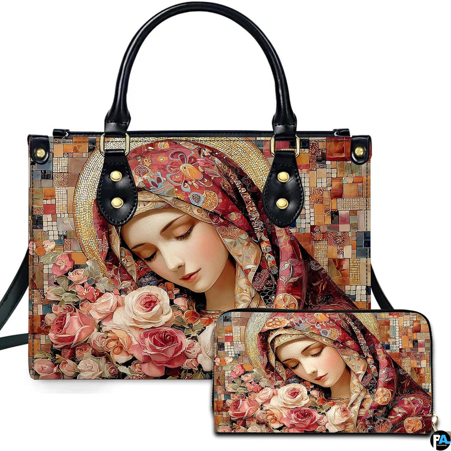 Mosaic Virgin Mary devotional print accessory set adorned with blush roses and golden mosaic halo.