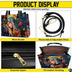 Collage illustrating front floral artwork, strap, zipper, and interior view of the handbag