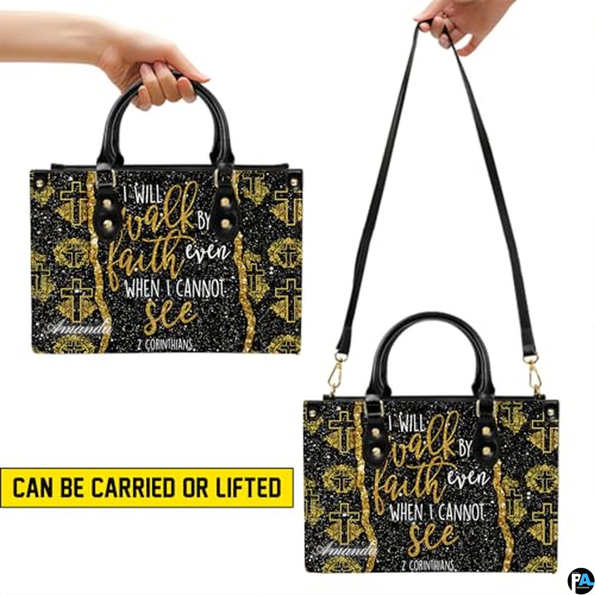 Personalized Glitter Scripture Crosses Handbag for Faith Gift