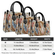 Size chart illustrating medium, large, and extra-large dimensions for the cameo handbag.