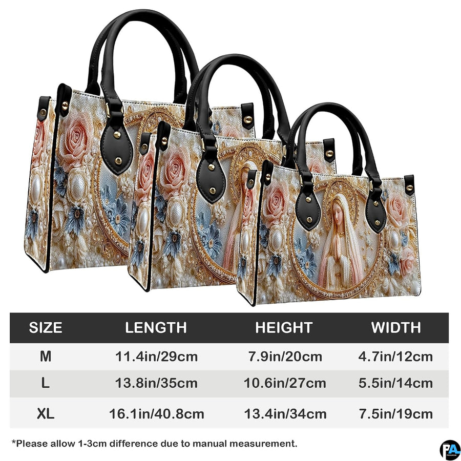 Size chart illustrating medium, large, and extra-large dimensions for the cameo handbag.