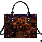 Centered frontal view presenting the pumpkin house art illustration on the primary accessory silhouette.