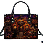 Centered frontal view presenting the pumpkin house art illustration on the primary accessory silhouette.