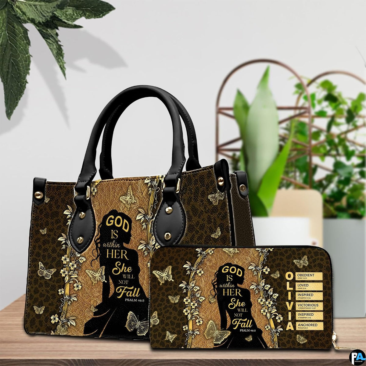 Lifestyle display of faith silhouette handbag carried over the arm in an outdoor setting.