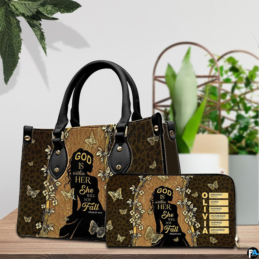 Lifestyle display of faith silhouette handbag carried over the arm in an outdoor setting.