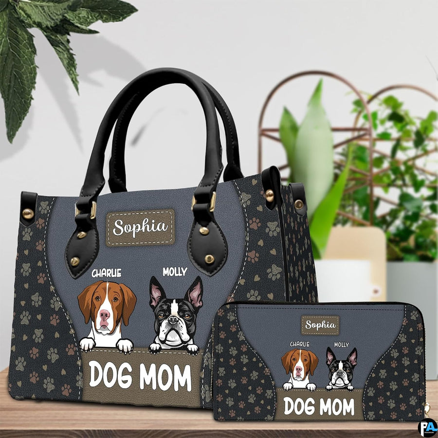 Angled display of puppy themed handbag shown with coordinating zippered companion wallet.