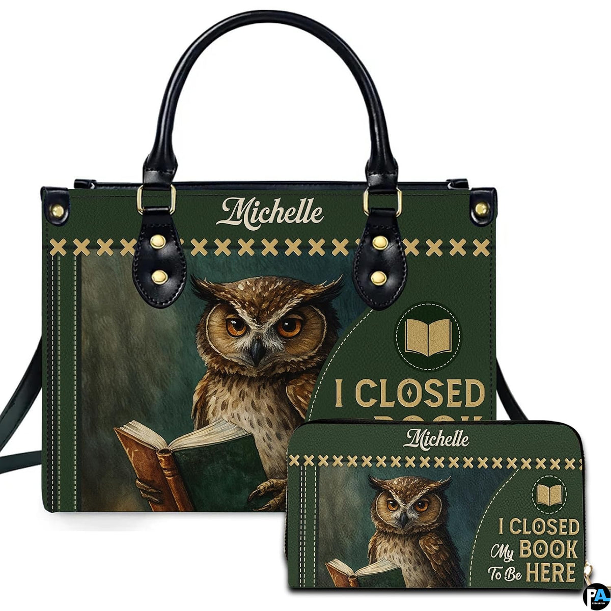 Front view of green book cover handbag and matching wallet featuring reading owl illustration.
