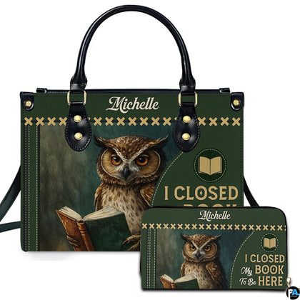 Front view of green book cover handbag and matching wallet featuring reading owl illustration.