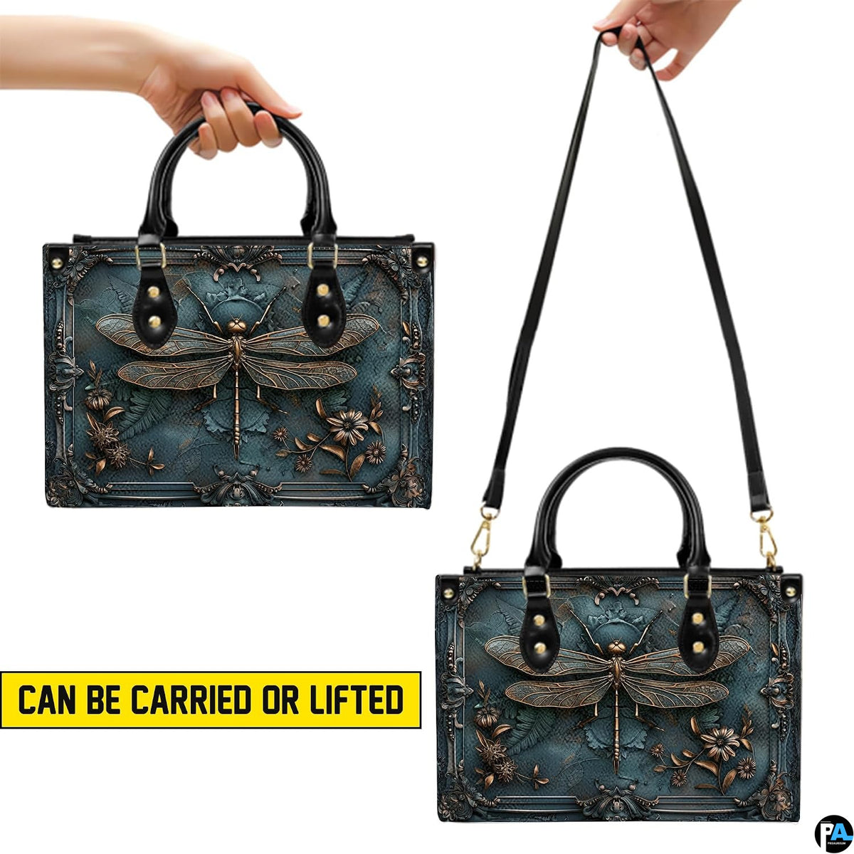Top view of bronze dragonfly handbag showing zippered top closure and dual structured handles