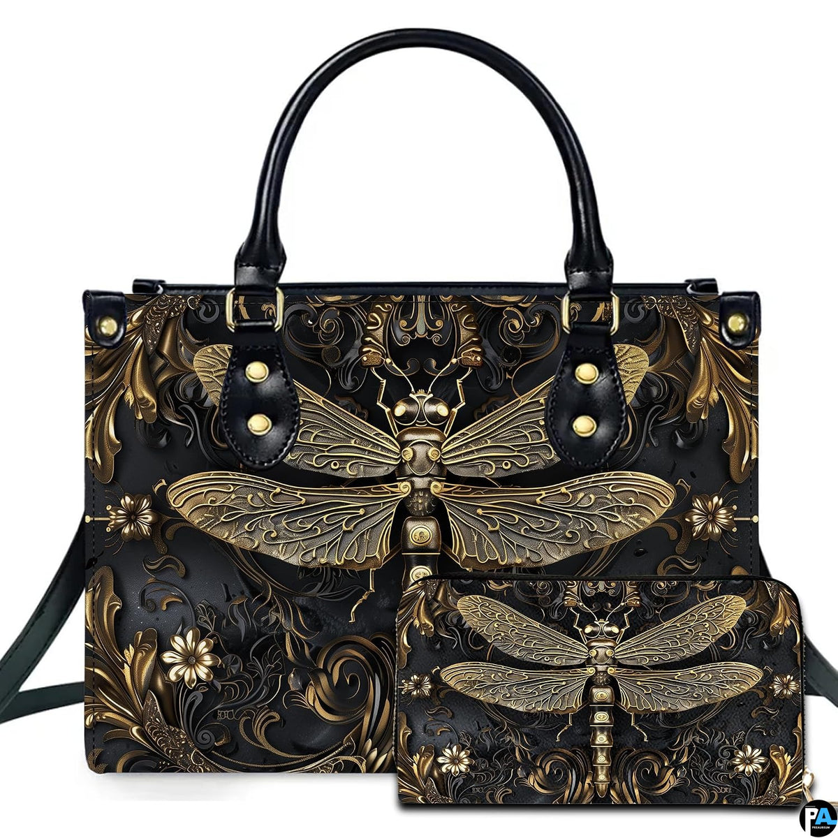 Studio display of gothic steampunk dragonfly handbag and matching wallet with antiqued gold filigree on black