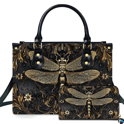 Studio display of gothic steampunk dragonfly handbag and matching wallet with antiqued gold filigree on black