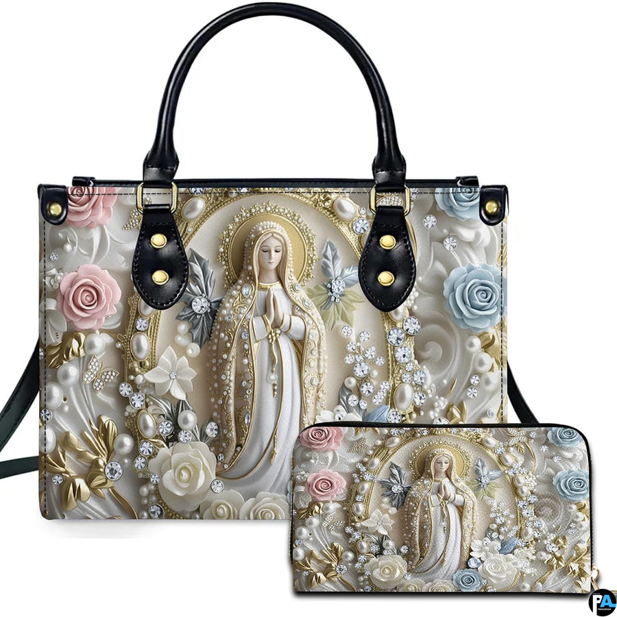 Front view of pearl framed Virgin Mary handbag and matching wallet set with pastel blue and pink roses