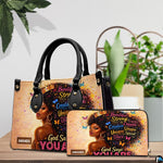 Crowned Black woman portrait handbag and wallet arranged on a table