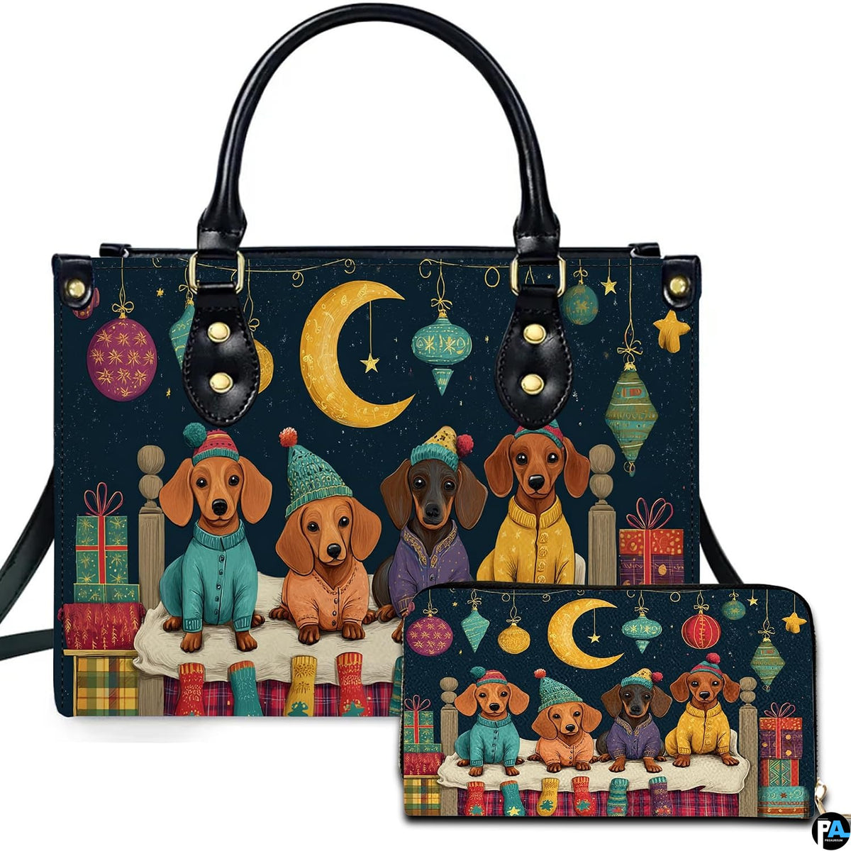Front view of structured silhouette and matching accessory showcasing four dachshunds in cardigans on a bed.