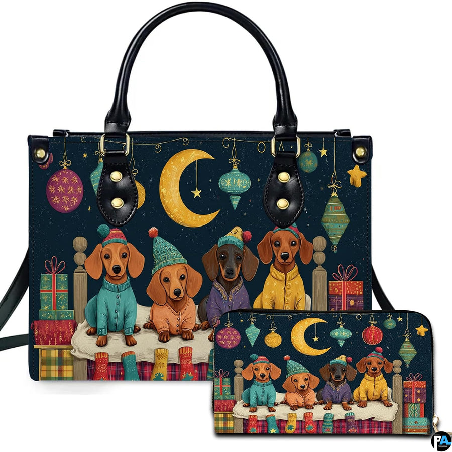 Front view of structured silhouette and matching accessory showcasing four dachshunds in cardigans on a bed.