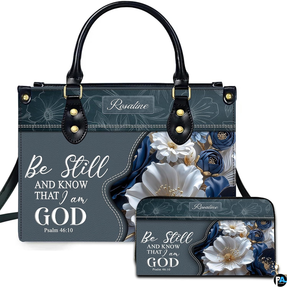 Bible verse purse and matching wallet featuring inspirational scripture and sculpted floral blossoms.
