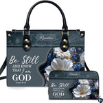 Bible verse purse and matching wallet featuring inspirational scripture and sculpted floral blossoms.